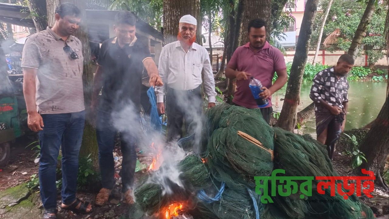 কচুয়ায় অবৈধ চায়না রিং জাল জব্দ, আটক ৩